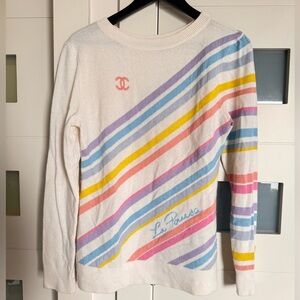 19C Chanel Cashmere CC Logo La Pausa Multicolour Stripe Ivory Knit Sweater Top